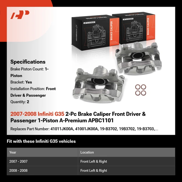 2007-2008 Infiniti G35 2-Pc Brake Caliper Front Driver & Passenger 1-Piston A-Premium APBC1101