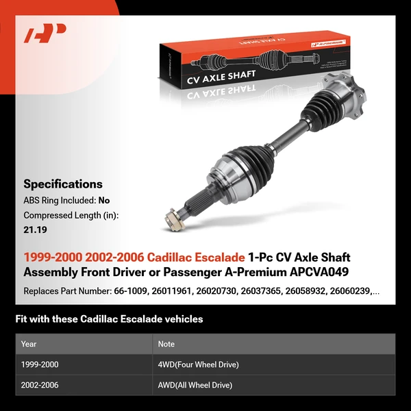 1999-2000 2002-2006 Cadillac Escalade 1-Pc CV Axle Shaft Assembly Front Driver or Passenger A-Premium APCVA049