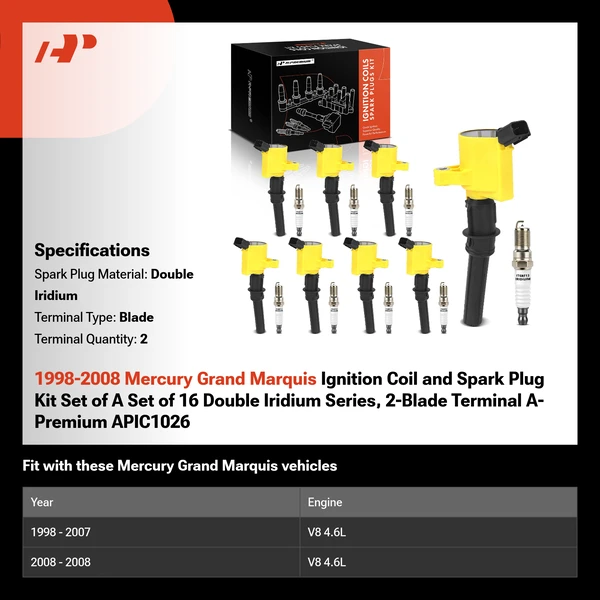 1998-2008 Mercury Grand Marquis Ignition Coil and Spark Plug Kit Set of A Set of 16 Double Iridium Series, 2-Blade Terminal A-Premium APIC1026