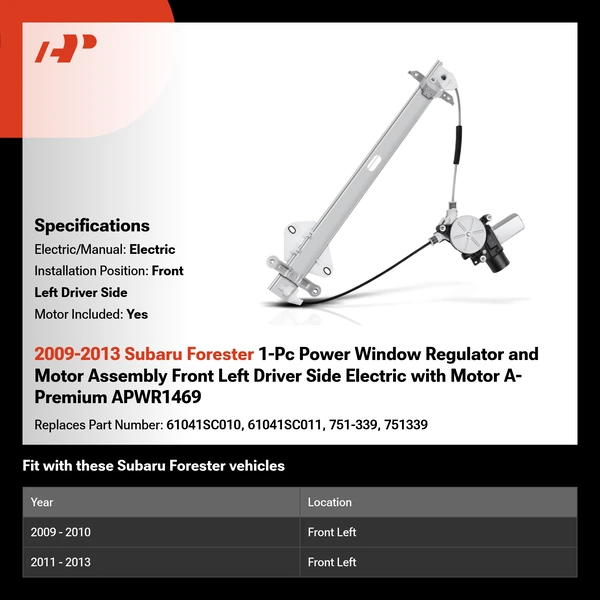 2009-2013 Subaru Forester 1-Pc Power Window Regulator and Motor Assembly Front Left Driver Side Electric with Motor A-Premium APWR1469