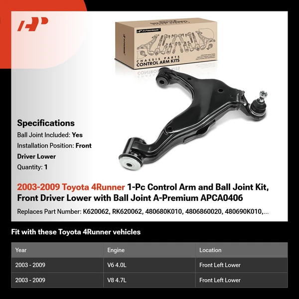 2003-2009 Toyota 4Runner 1-Pc Control Arm and Ball Joint Kit, Front Driver Lower with Ball Joint A-Premium APCA0406