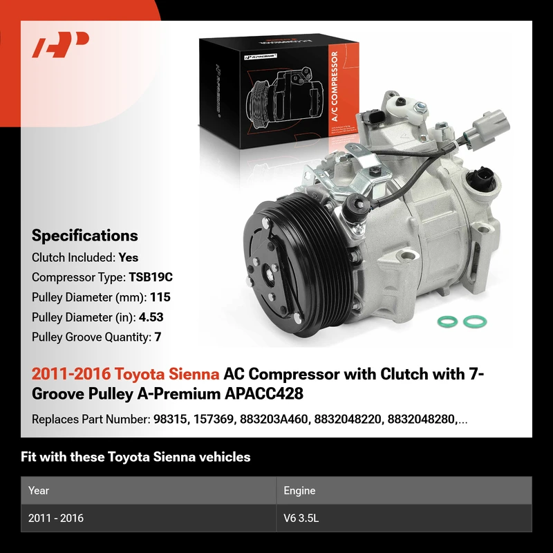 2011-2016 Toyota Sienna AC Compressor with Clutch with 7-Groove Pulley A-Premium APACC428