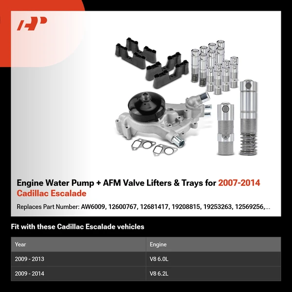 Engine Water Pump + AFM Valve Lifters & Trays for 2007-2014 Cadillac Escalade