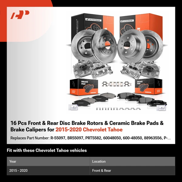 16 Pcs Front & Rear Disc Brake Rotors & Ceramic Brake Pads & Brake Calipers for 2015-2020 Chevrolet Tahoe