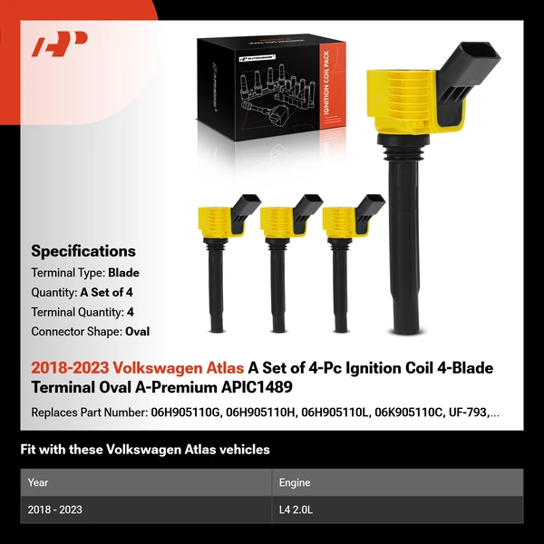 2018-2023 Volkswagen Atlas A Set of 4-Pc Ignition Coil 4-Blade Terminal Oval A-Premium APIC1489