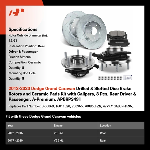 2012-2020 Dodge Grand Caravan Drilled & Slotted Disc Brake Rotors and Ceramic Pads Kit with Calipers, 8 Pcs, Rear Driver & Passenger, A-Premium, APBRPS491
