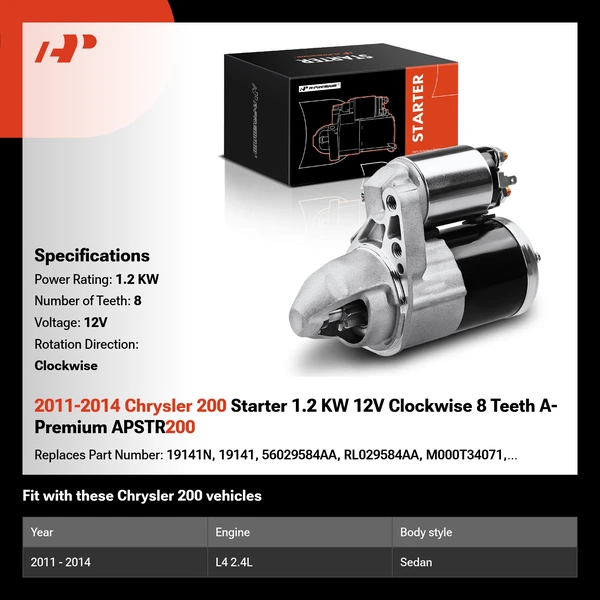 2011-2014 Chrysler 200 Starter 1.2 KW 12V Clockwise 8 Teeth A-Premium APSTR200