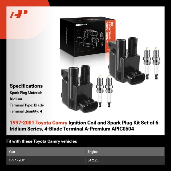 1997-2001 Toyota Camry Ignition Coil and Spark Plug Kit Set of 6 Iridium Series, 4-Blade Terminal A-Premium APIC0504