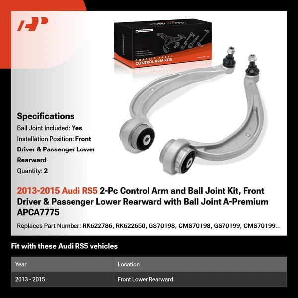 2013-2015 Audi RS5 2-Pc Control Arm and Ball Joint Kit, Front Driver & Passenger Lower Rearward with Ball Joint A-Premium APCA7775