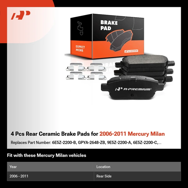 4 Pcs Rear Ceramic Brake Pads for 2006-2011 Mercury Milan