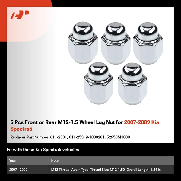 5 Pcs Front or Rear M12-1.5 Wheel Lug Nut for 2007-2009 Kia Spectra5