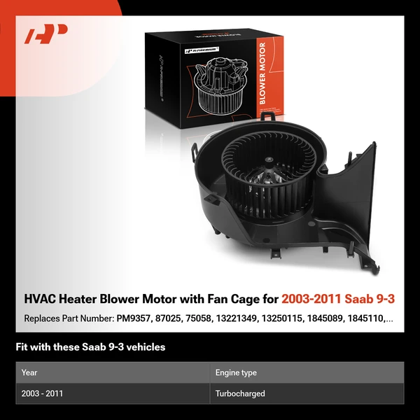 HVAC Heater Blower Motor with Fan Cage for 2003-2011 Saab 9-3