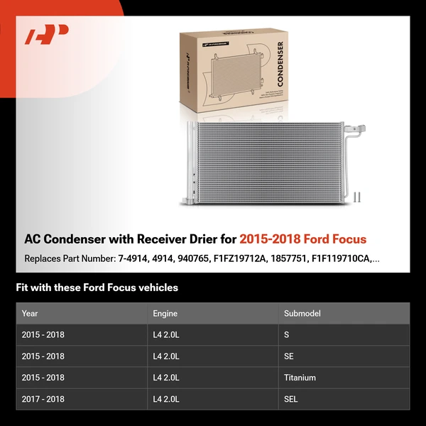 AC Condenser with Receiver Drier for 2015-2018 Ford Focus