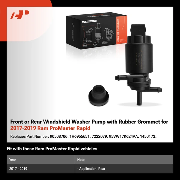 Front or Rear Windshield Washer Pump with Rubber Grommet for 2017-2019 Ram ProMaster Rapid