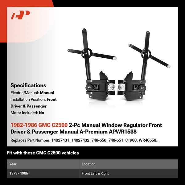 1982-1986 GMC C2500 2-Pc Manual Window Regulator Front Driver & Passenger Manual A-Premium APWR1538