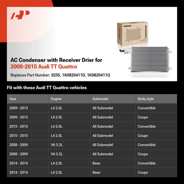 AC Condenser with Receiver Drier for 2008-2015 Audi TT Quattro