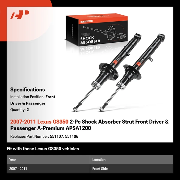 2007-2011 Lexus GS350 2-Pc Shock Absorber Strut Front Driver & Passenger A-Premium APSA1200