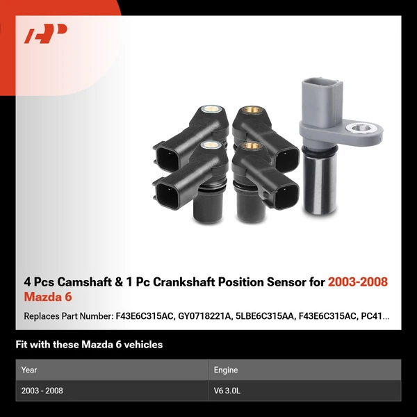 4 Pcs Camshaft & 1 Pc Crankshaft Position Sensor for 2003-2008 Mazda 6
