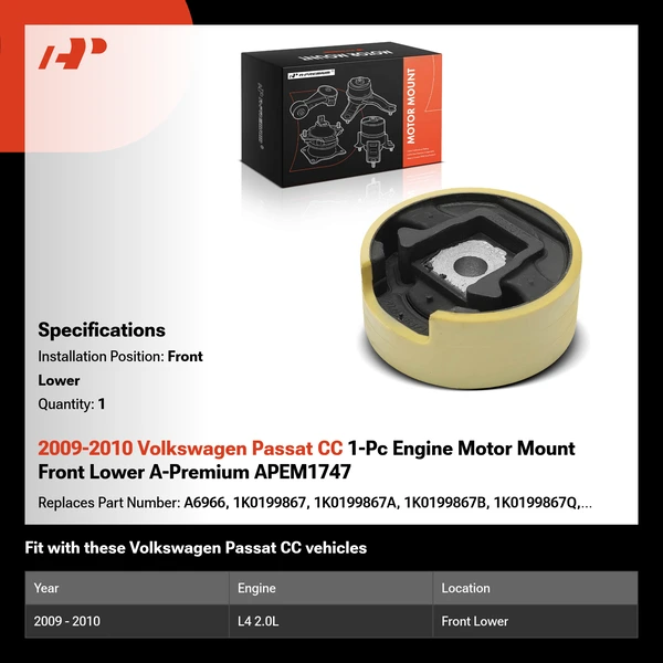 2009-2010 Volkswagen Passat CC 1-Pc Engine Motor Mount Front Lower A-Premium APEM1747