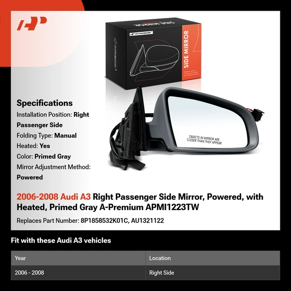 2006-2008 Audi A3 Right Passenger Side Mirror, Powered, with Heated, Primed Gray A-Premium APMI1223TW