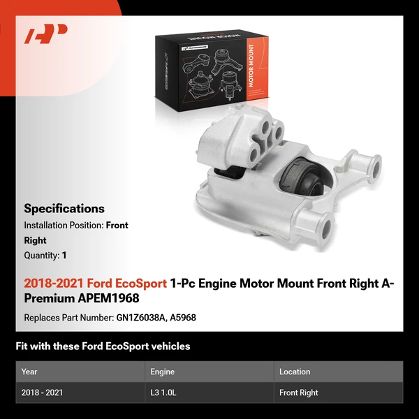 2018-2021 Ford EcoSport 1-Pc Engine Motor Mount Front Right A-Premium APEM1968