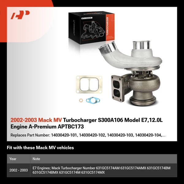 2002-2003 Mack MV Turbocharger S300A106 Model E7,12.0L Engine A-Premium APTBC173