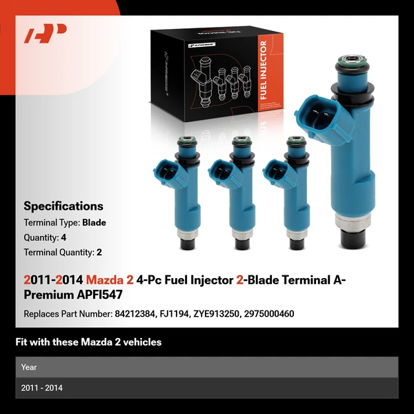 2011-2014 Mazda 2 4-Pc Fuel Injector 2-Blade Terminal A-Premium APFI547