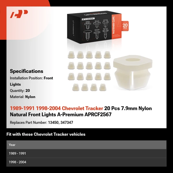 1989-1991 1998-2004 Chevrolet Tracker 20 Pcs 7.9mm Nylon Natural Front Lights A-Premium APRCF2567