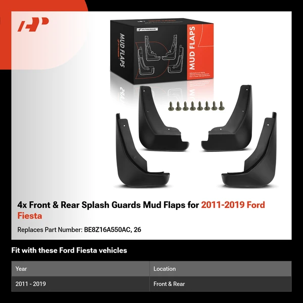 4x Front & Rear Splash Guards Mud Flaps for 2011-2019 Ford Fiesta
