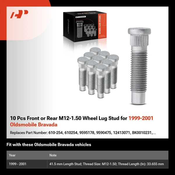 10 Pcs Front or Rear M12-1.50 Wheel Lug Stud for 1999-2001 Oldsmobile Bravada
