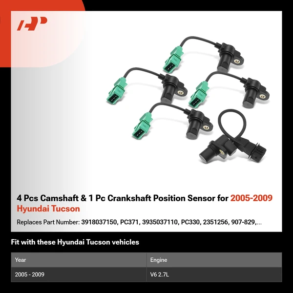 4 Pcs Camshaft & 1 Pc Crankshaft Position Sensor for 2005-2009 Hyundai Tucson