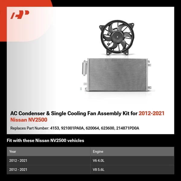 AC Condenser & Single Cooling Fan Assembly Kit for 2012-2021 Nissan NV2500