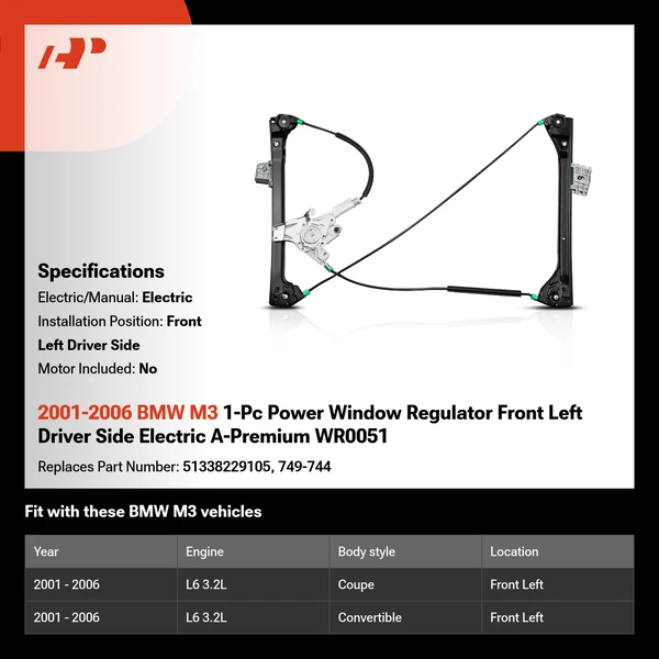 2001-2006 BMW M3 1-Pc Power Window Regulator Front Left Driver Side Electric A-Premium WR0051