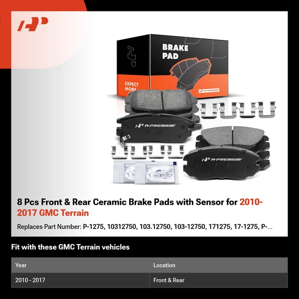 8 Pcs Front & Rear Ceramic Brake Pads with Sensor for 2010-2017 GMC Terrain