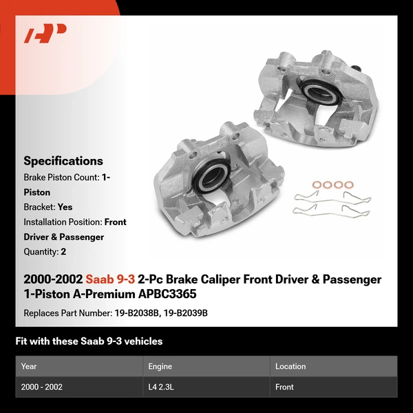2000-2002 Saab 9-3 2-Pc Brake Caliper Front Driver & Passenger 1-Piston A-Premium APBC3365