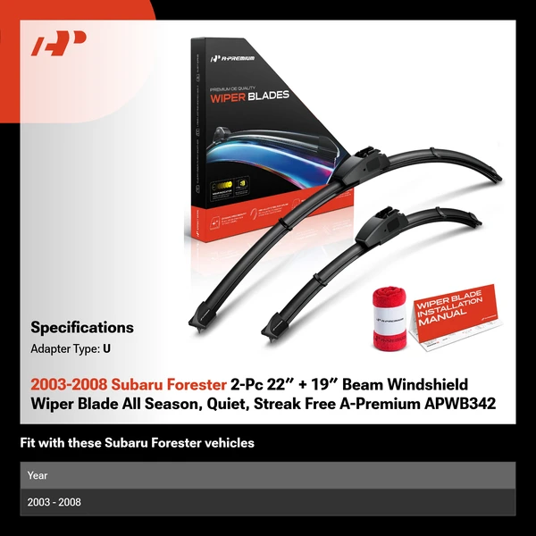2003-2008 Subaru Forester 2-Pc 22″ + 19″ Beam Windshield Wiper Blade All Season, Quiet, Streak Free A-Premium APWB342