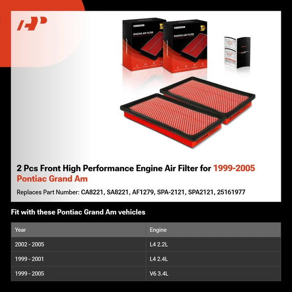2 Pcs Front High Performance Engine Air Filter for 1999-2005 Pontiac Grand Am