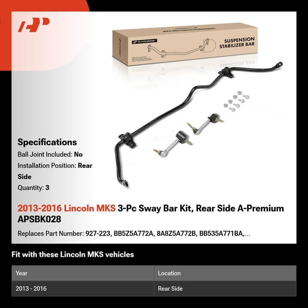 2013-2016 Lincoln MKS 3-Pc Sway Bar Kit, Rear Side A-Premium APSBK028