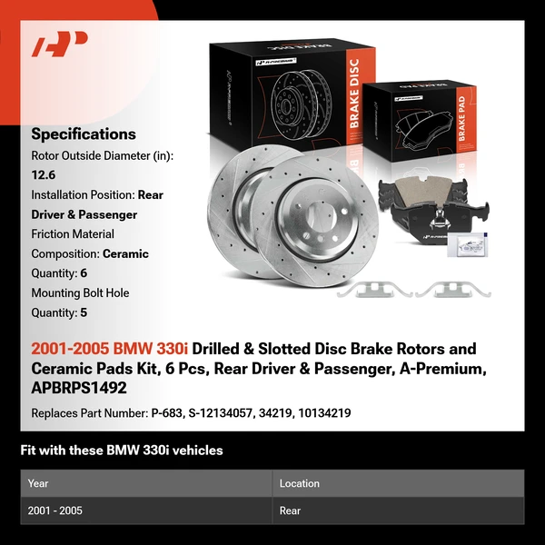2001-2005 BMW 330i Drilled & Slotted Disc Brake Rotors and Ceramic Pads Kit, 6 Pcs, Rear Driver & Passenger, A-Premium, APBRPS1492