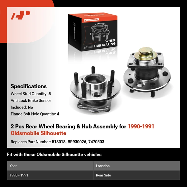 2 Pcs Rear Wheel Bearing & Hub Assembly for 1990-1991 Oldsmobile Silhouette