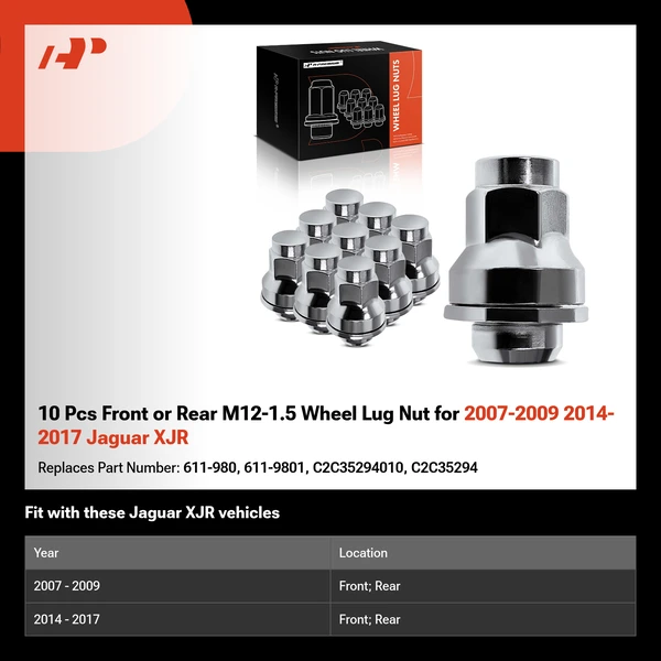10 Pcs Front or Rear M12-1.5 Wheel Lug Nut for 2007-2009 2014-2017 Jaguar XJR