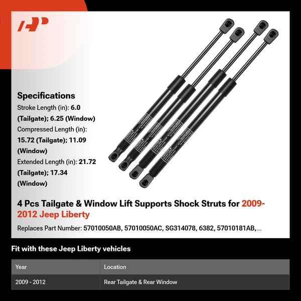 4 Pcs Tailgate & Window Lift Supports Shock Struts for 2009-2012 Jeep Liberty