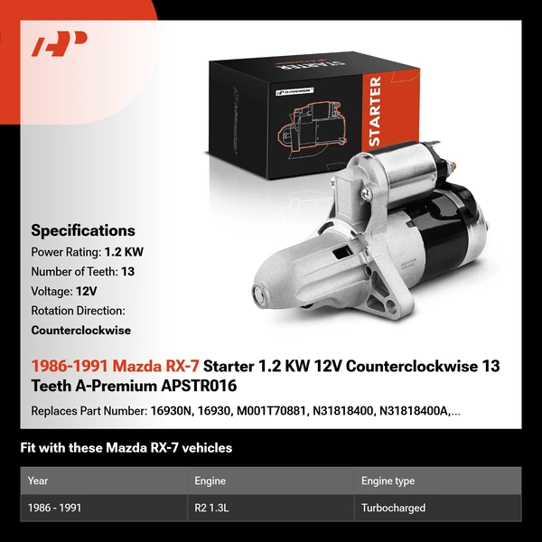 1986-1991 Mazda RX-7 Starter 1.2 KW 12V Counterclockwise 13 Teeth A-Premium APSTR016