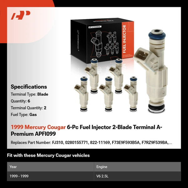 1999 Mercury Cougar 6-Pc Fuel Injector 2-Blade Terminal A-Premium APFI099