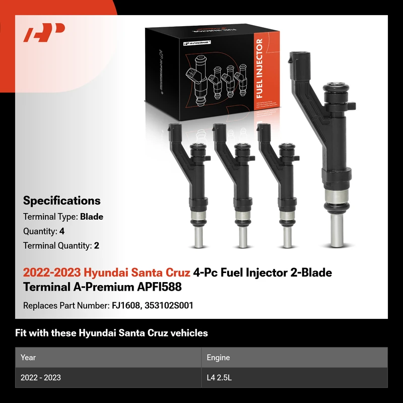 2022-2023 Hyundai Santa Cruz 4-Pc Fuel Injector 2-Blade Terminal A-Premium APFI588