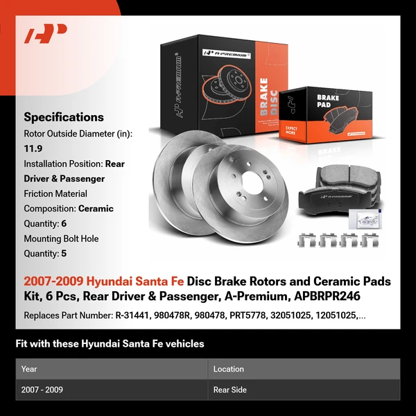 2007-2009 Hyundai Santa Fe Disc Brake Rotors and Ceramic Pads Kit, 6 Pcs, Rear Driver & Passenger, A-Premium, APBRPR246