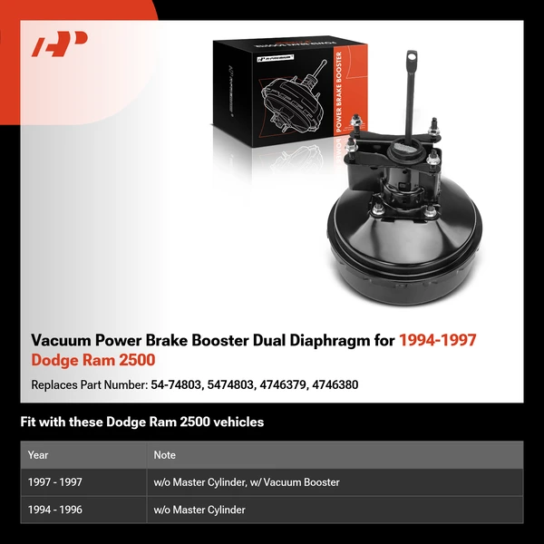 Vacuum Power Brake Booster Dual Diaphragm for 1994-1997 Dodge Ram 2500