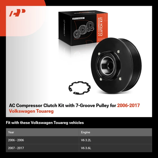 AC Compressor Clutch Kit with 7-Groove Pulley for 2006-2017 Volkswagen Touareg