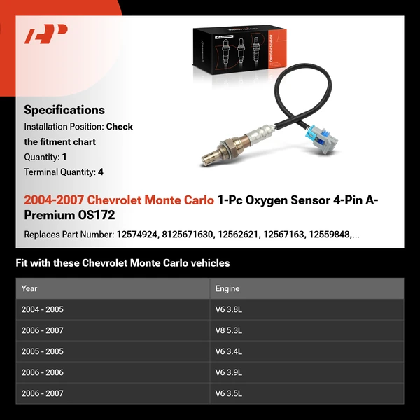 2004-2007 Chevrolet Monte Carlo 1-Pc Oxygen Sensor 4-Pin A-Premium OS172