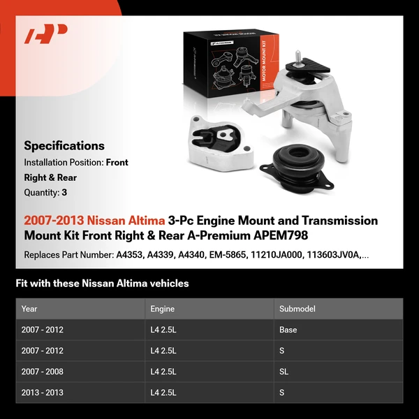 2007-2013 Nissan Altima 3-Pc Engine Mount and Transmission Mount Kit Front Right & Rear A-Premium APEM798